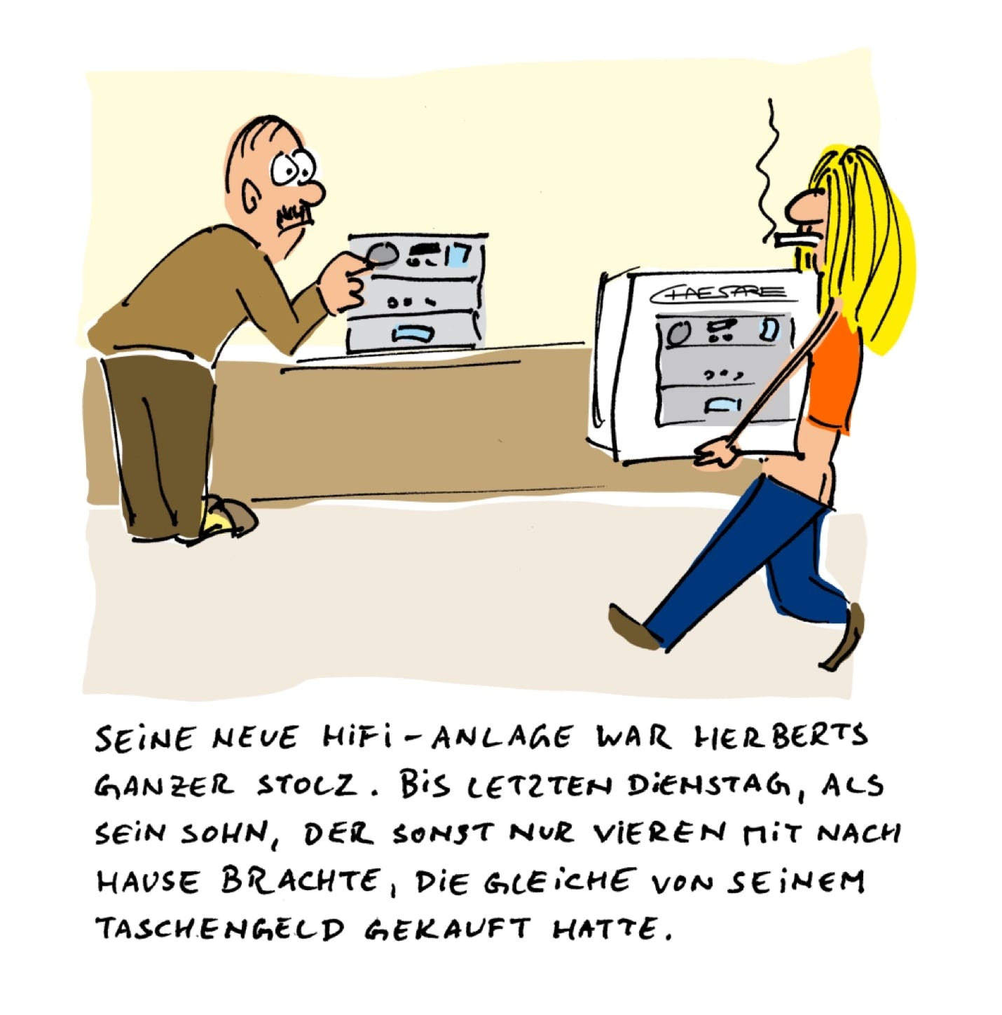 Chaesare, Chaesare Cartoons, Cartoon, Zeichnung, lustig, funny, joke, comic, lachen, witzig, fun, spaß, Unsinn, Preisvergleich, Preisvergleiche, online, Preissuchmaschine, Angebot, billiger, Preis, Preise, suchen, Suche, günstig, sparen, finden, HiFi, Anlage, Player, Stereo, mp3, iPod, Musik, steaming, stream, music, Herbert, idealo, Sylt, Cartoon, Jour, Fixe