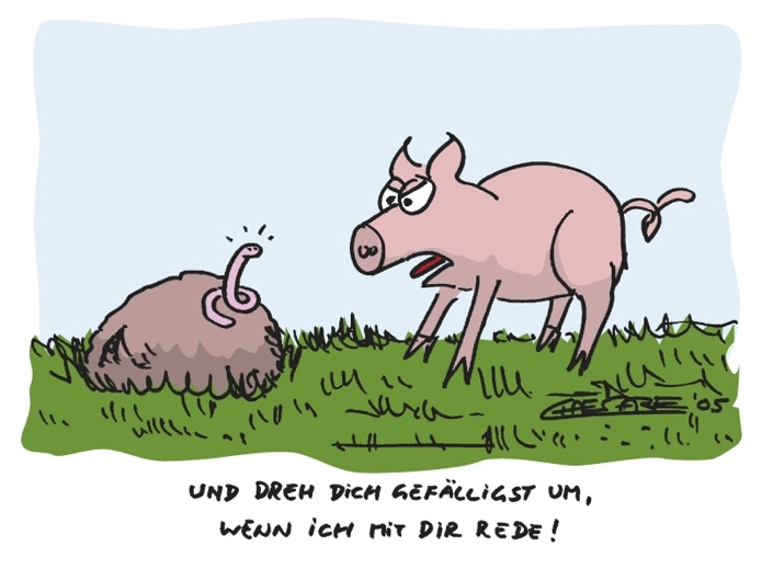 Chaesare, Chaesare Cartoons, Cartoon, Zeichnung, lustig, funny, joke, comic, lachen, witzig, fun, spaß, Unsinn, Schwein, Wurm, Kurzsichtigkeit, kurzsichtig, Brille, Optik, Sehen, Streit, Schweine, Würmer, pig, worm, Regenwurm, Gespräch, reden, redet, umdrehen, Missverständnisse, Missverständlich, missverstehen, falsch, sehen, gesehen, Sylt, Cartoon, Jour, Fixe