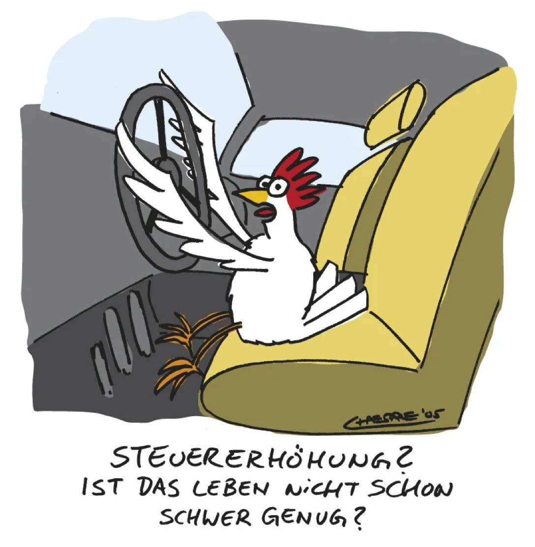Chaesare, Chaesare Cartoons, Cartoon, Zeichnung, lustig, funny, joke, comic, lachen, witzig, fun, spaß, Unsinn, Steuern, Steuer, Finanzen, Finanzamt, Steuerrad, Auto, KFZ, Leben, schwer, besteuern, Sylt, Cartoon, Jour, Fixe